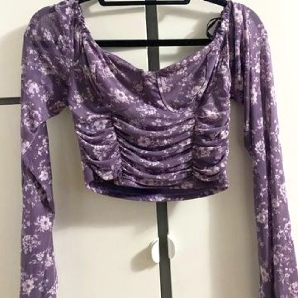 NWOT - Floral and Mesh Purple Crop Top